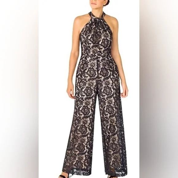 Women's Black Lace Sleeveless Twist-Neck Wide-Leg Jumpsuit - Picture 7 of 13